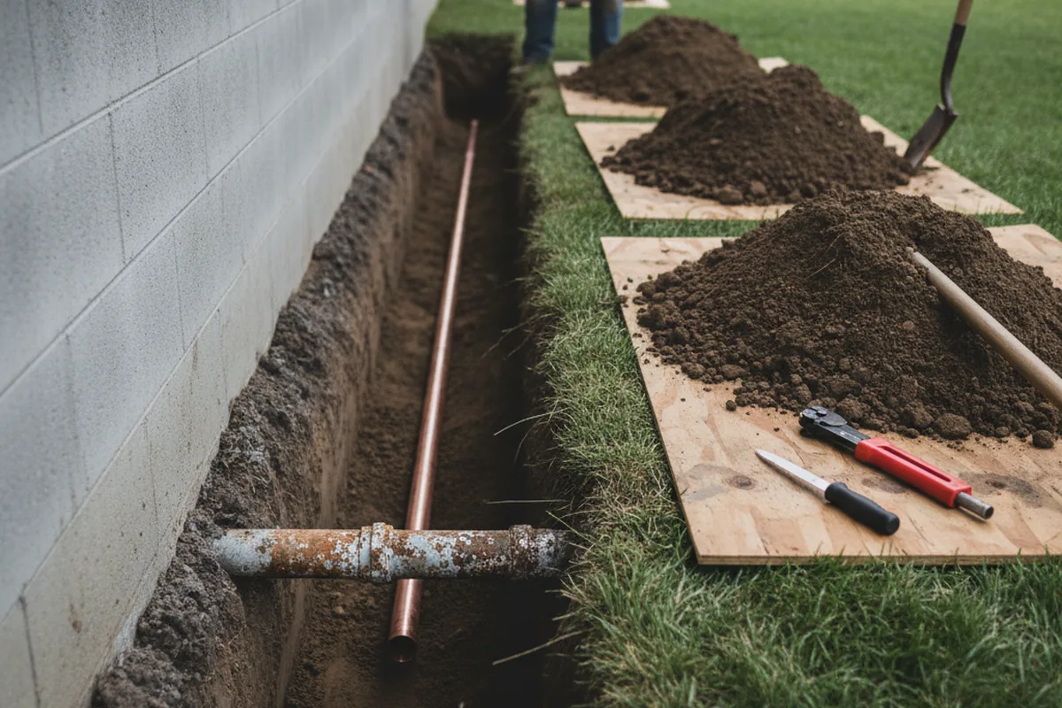 Excavated water line trench during Water Softener Installation in Raven